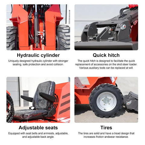 Close-up of Mini Skid Steer Loader HY480D 23HP V Twin Honda GX690 featuring hydraulic cylinder, quick hitch, seat, and tires