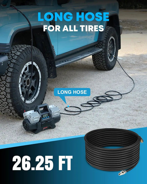 Hassle Free 12 Volt Four Cylinder Fast Tire Inflator With Smart Auto Stop Digital Readout and One Touch Preset Pressure near a tire.