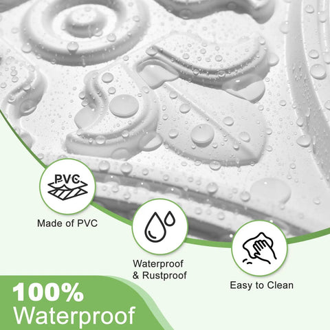 Close-up of white PVC ceiling tile with water droplets showcasing "2x2 Drop Ceiling Tiles 12 Pack PVC Glue Up Panels White Traditional Style Durable Ceiling Tiles Water Resistant And Recyclable, No Fuss Install In 15/16 Inch T-Bar Grids Or Direct Glue Over Substrates" features.