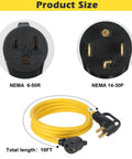 Welder Adapter Cord NEMA 14-30P To 6-50R, 10 ft yellow power cord with 30 Amp 4 prong dryer male, 50 Amp 3 prong welder female ends.