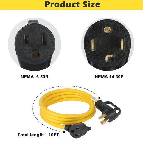 Welder Adapter Cord NEMA 14-30P To 6-50R, 10 ft yellow power cord with 30 Amp 4 prong dryer male, 50 Amp 3 prong welder female ends.