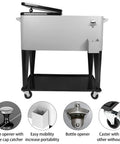 Front view of 80 Qt Rolling Cooler Cart With Four Wheels And Bottle Opener For Outdoor Parties Patio Backyard Beverage Trolley On Wheels With Shelf Ice Chest For Cold Drinks And Party Bar.