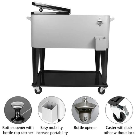 Front view of 80 Qt Rolling Cooler Cart With Four Wheels And Bottle Opener For Outdoor Parties Patio Backyard Beverage Trolley On Wheels With Shelf Ice Chest For Cold Drinks And Party Bar.