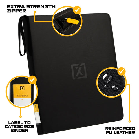 Black Top Load Card Binder For TCGs And Sports Cards, holds 252 toploaders, with extra strength zipper and reinforced PU leather.