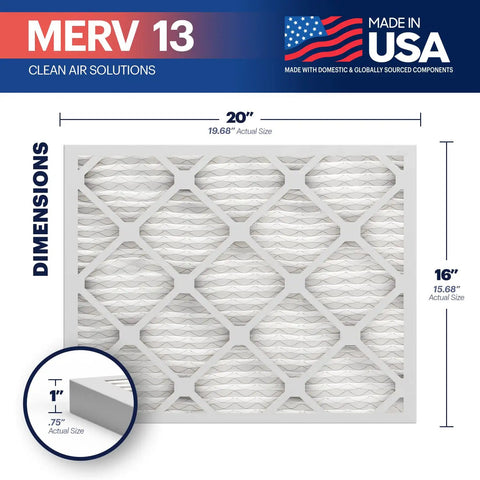 16x20x1 Air Filter MERV 13 For HVAC Systems Electrostatic Pleated Replacement 4 Pack Made In USA For Allergies Pollen Mold Bacteria Smoke Allergen MPR 1900 FPR 10 Fits AC Furnace And More with size dimensions