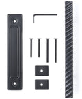 Solid Brass Sliding Barn Door Handles Set Featuring 12 Inch Two Sided Design Heavy Duty Mounting Hardware shown unassembled