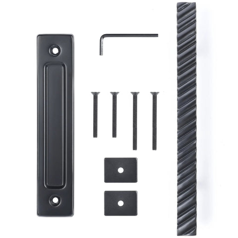 Solid Brass Sliding Barn Door Handles Set Featuring 12 Inch Two Sided Design Heavy Duty Mounting Hardware shown unassembled