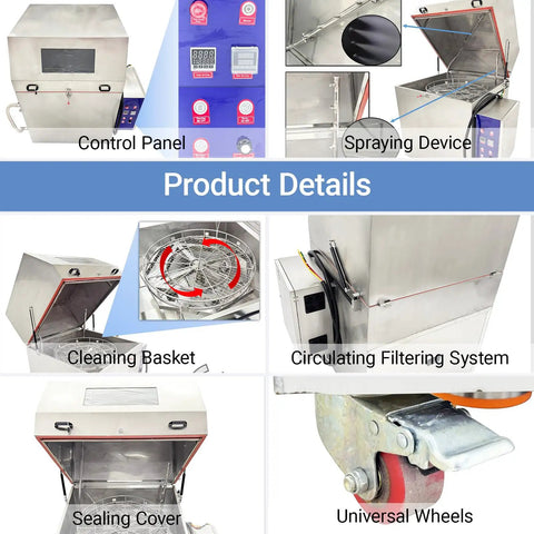 Industrial Parts Rotary Spray Washer Cabinet Beast Mode Grimebusting Powerhouse features control panel, cleaning basket, and universal wheels.