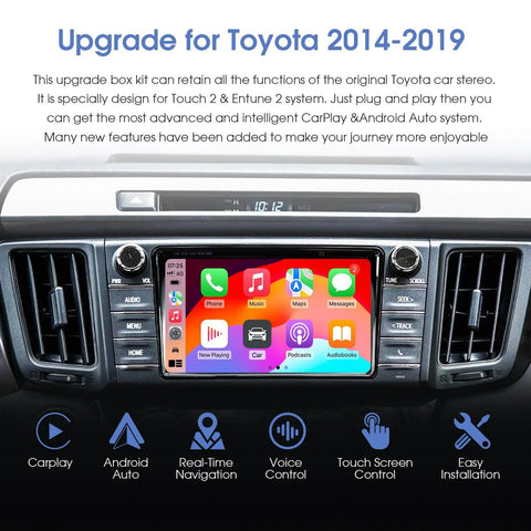 Dashboard displaying Toyota Wireless CarPlay Android Auto Adapter With Entune 2.0 Upgrade, OEM Screen Retrofit Kit installed.