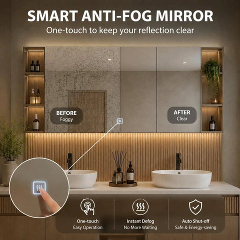 66 Inch Freestanding Double Sink Bathroom Vanity With Led Mirror And Textured Wood Finish showcases smart anti-fog mirror technology.