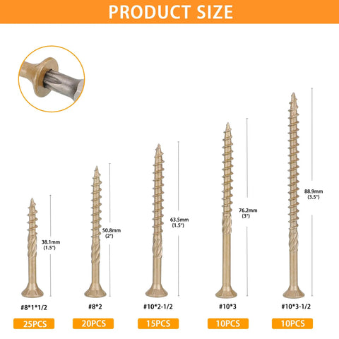 Heavy Duty Bronze Wood Deck Screw Set With Torx Drive For Furniture Fence And Decks 80-Piece Assortment Including Sizes 8 And 10