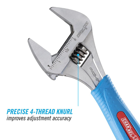 Six Inch WideAzz Adjustable Wrench With Beefy 75 Percent Wider Jaws for Tight Spaces and Long Reach, shown with laser-engraved scales