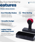 Go To Small Duo Hand Stamp For Mail And Parcels with features and protective dust cover on a desk