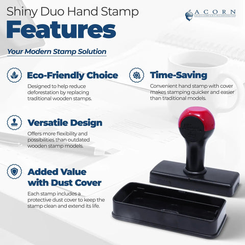 Go To Small Duo Hand Stamp For Mail And Parcels with features and protective dust cover on a desk