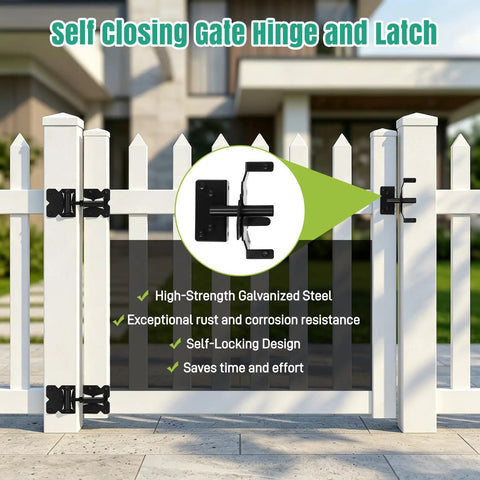 Self Closing Gate Hinge And Latch Hardware Kit for wood and vinyl fences, heavy duty stainless steel, rust resistant, black finish