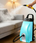 Powerful 3000W Steam Cleaner With 3.5L Tank For Instant Deep Cleaning Magic, handheld nozzle releasing steam on a sofa.