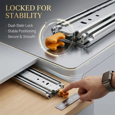 Beefy Heavy Duty Locking Drawer Slides For Side Mounts, 1 Pair, 3 Fold Full Extension Ball Bearing Rails, Cabinets And Tool Box Runners, 12 To 80 Inch Range, 500 Lb Capacity, Blue, 3.7ft Length locking drawer slides with orange release tab on cabinet drawer