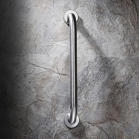 Heavy Duty Stainless Steel Bathroom Safety Grab Bar With A Tight No Slip Grip For Shower Or Tub Ada Compliant Beefy Handrail Support For Seniors Fly Brushed Finish Eighteen Inch Rig mounted on textured wall.