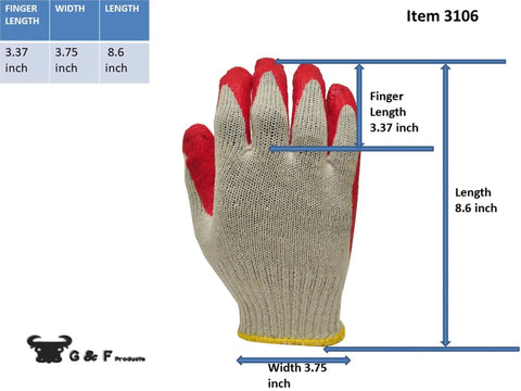 Economical String Knit Latex Dipped Palm Gloves With Nitrile Coated Fingers For General Purpose Work, showing dimensions.
