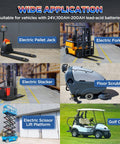 Images of electric pallet jack, forklift, stacker, floor scrubber, scissor lift, and golf cart for 24V 100Ah-200Ah lead-acid batteries