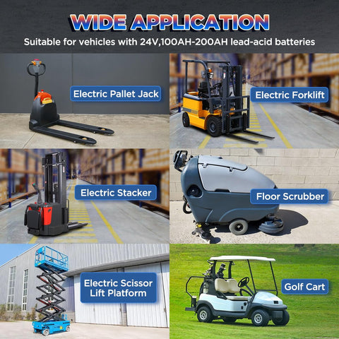 Images of electric pallet jack, forklift, stacker, floor scrubber, scissor lift, and golf cart for 24V 100Ah-200Ah lead-acid batteries