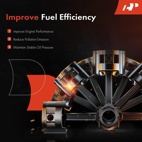 Diagram showing engine parts with tips to improve fuel efficiency, reduce emissions, and maintain oil pressure.