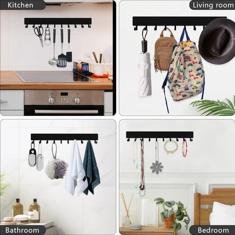 14 Inch Wall Key Holder With 10 Hooks Two Sets Metal Key Rack mounted variously in kitchen, living room, bathroom, and bedroom.