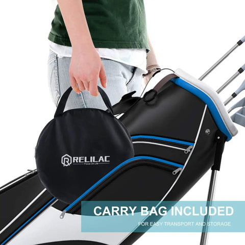 Person holding a carry bag for Pop Up Golf Chipping Practice Net Set For Indoor And Outdoor Use With 12 18 24 Inch Targets.
