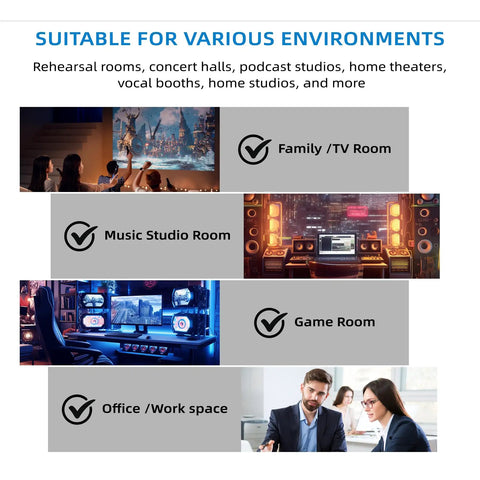 Solid High Density Soundproof Foam Panels Black 48 By 24 Inches Self Adhesive Acoustic Wall Tiles in various room setups.