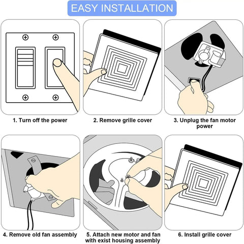 Diagram showing installation steps for Universal Bathroom Vent Fan Motor Replacement Kit For Nutone And Broan 50 CFM 120V 3000 RPM CW Includes Motor With Plug Fan Blade Shaft And Wire Harness Durable No Brainer Install