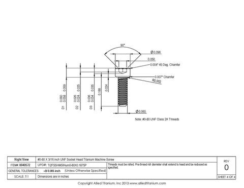 Technical drawing of Titanium Socket Head Machine Screw For Thread Size Zero To Eighty UNF Grade Two CP Pack Of Twenty Five True Titanium Corrosion Resistant For Saltwater Use Lightweight And Beefy High Strength Fastener For Precision Assemblies.