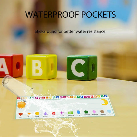Waterproof 36 Pack Transparent Self-Adhesive Nameplate Pockets For Desks on table with alphabet blocks, 18.9 x 4.7 inches, 7 mil thick.