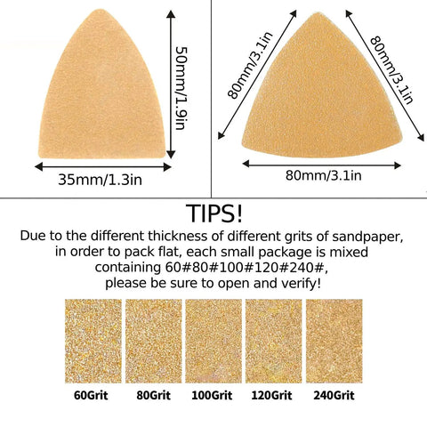 206 Piece Oscillating Tool Sanding Pad Kit with Triangle and Finger Sandpapers in Multiple Grits for woodworking, metal, and surfaces detailing.