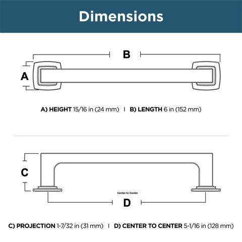 Diagram showing dimensions of Matte Black Cabinet Handles 5-1/16 Inch Center To Center 128mm Pulls for drawers, doors, cabinets.