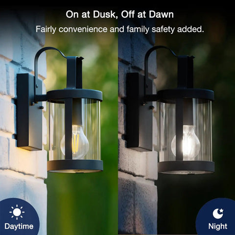 Dusk To Dawn Outdoor Sensor A19 LED Bulb 5000K Daylight 7W with E26 base illuminating outdoor wall light at dusk