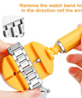 Hands using 32 Piece Watch Link Removal Kit With Pro Band Replacement Tool For DIYers, 10 Spare Spring Bars And 10 Cotter Pins