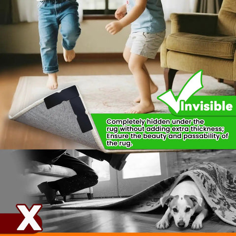 Non Slip Rug Grippers Tape Pads For Hardwood Floors And Tile No Residue Reusable Corner Grippers Keep Rugs Flat And Secure Area Rugs 12 Pack Ideal For Laminate Flooring No Curl Edges Stay Put in use under a rug with children playing.