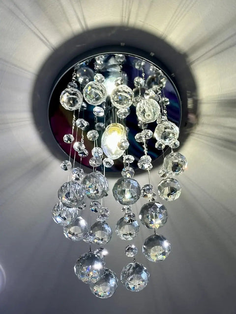 Spiral Crystal Chandelier Flush Mount With Raindrop Crystal Orbs Bangin Mini Ceiling Light Fixture, close-up on crystal details