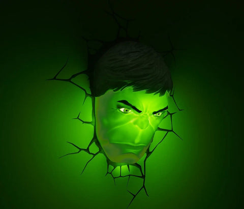 Hulk Face 3D Deco Light For Marvel Avengers Fans, Dope Wall Lamp With 2 In 1 Design showing cracked wall effect and glowing green face