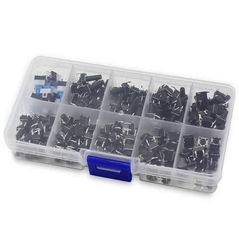 180-Piece Tactile Push Button Switch Kit With 10 Value Sizes 6x6mm To 7x7mm 4-Pin Micro Momentary Tact Switch Set in storage box