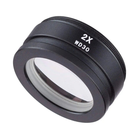 2.0x Barlow Lens for Stereo Zoom Microscope Doubles Magnification, Auxiliary Lens With 48mm Mounting, Increases Detail, Depth of Field, and Clear Close Ups for Lab, Classroom, and Hobby Microscope Work. Black 2x WD30 lens with glass front