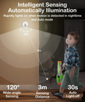 Child walking with Two Pack Cute Cat Motion Sensor Night Light Cordless Rechargeable LED Stick Anywhere illustrating sensing range.