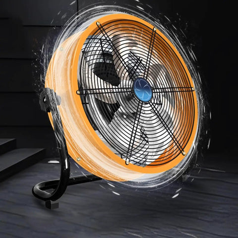Heavy Duty Industrial Fan With Serious Breeze And Rock Solid Metal Build 45 Degree Tilt Rotary Controls Engineered Tough For Job Sites Or Weekend Garage Hangouts, metallic finish, sturdy base, vibrant orange color.
