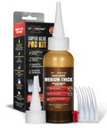 Premium Dark Brown Super Glue 2 Oz Medium Thick Cyanoacrylate Adhesive For Woodworking Woodturning Carpentry Guitar Build RC Hobby Knot Filler With Badass Quick Set Grip, featuring applicator and packaging.