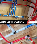 Installed Three Quarters Inch PEX A Expansion Rings Sleeves F1960 End Stop Kit in home plumbing with red and blue pipes.