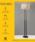 Duet Floor Lamp With Dual Pull Chains, Antique Bronze Finish, Taupe Fabric Shade, 62-Inch Tall, Two-Bulb Sockets