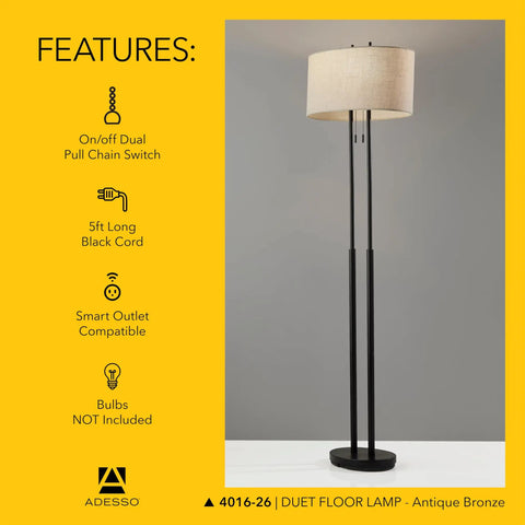 Duet Floor Lamp With Dual Pull Chains, Antique Bronze Finish, Taupe Fabric Shade, 62-Inch Tall, Two-Bulb Sockets