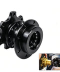 Slick Heavy Duty Quick Release Steering Wheel Adapter With Anti Theft Security Hub and Beefy Bolt On Heightening Boss Kit For Street Rods And Race Builds Black, close-up view of hub.
