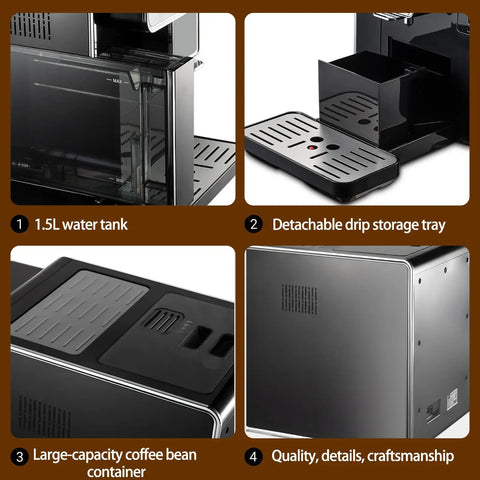 Top Shelf Fully Automatic Espresso Machine With Built In Grinder One Touch Cappuccino Latte Americano Self Cleaning No Drama Quick Grind Go To Coffee Station showcasing 1.5L water tank and detachable drip tray.