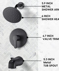 Matte Black Tub And Shower Faucet Set With Valve And 6 Inch Rain Shower Head Easy Install Tub Shower Combo Dope Dual Handle Bath Fixture For Modern Bathrooms displayed against white tile